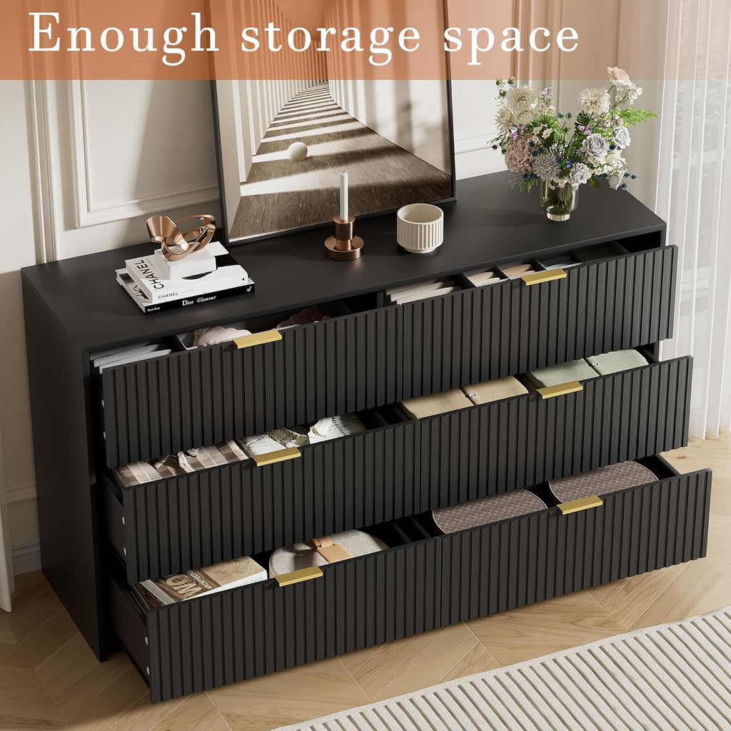 Furniway Black Dresser for Bedroom, Modern Dresser with 6 Drawers and Smooth Slides, Wide Chest of Drawers with Golden Handles for Bedroom, Living Room, Closet, 15.7' D x 55.1' W x 31.4' H