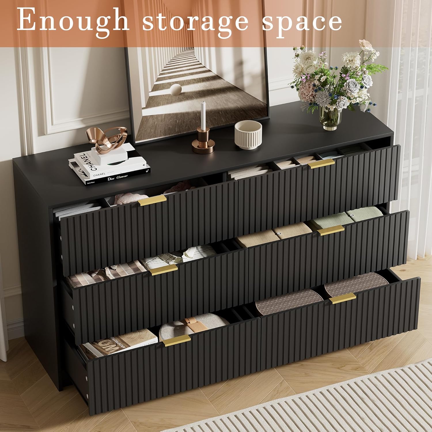 Furniway Black Dresser for Bedroom, Modern Dresser with 6 Drawers and Smooth Slides, Wide Chest of Drawers with Golden Handles for Bedroom, Living Room, Closet, 15.7' D x 55.1' W x 31.4' H
