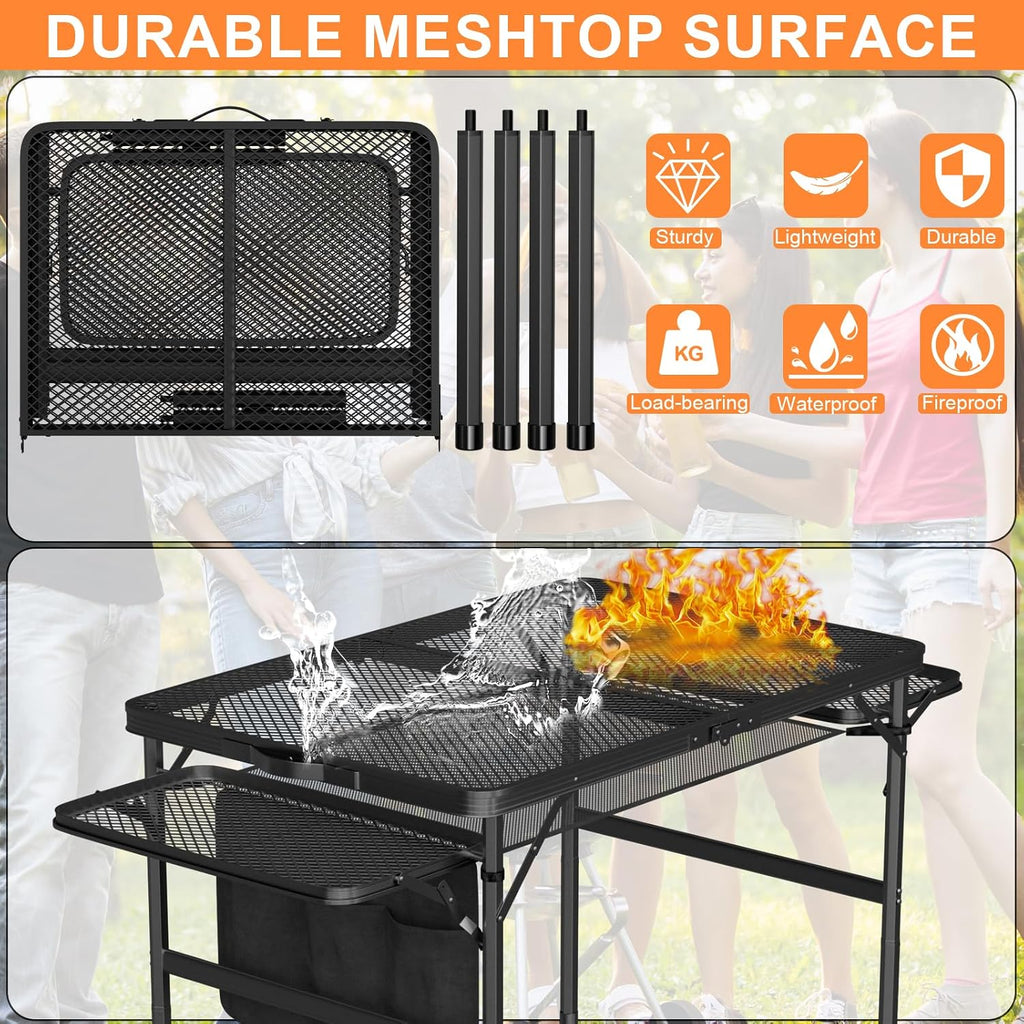 Portable Folding Picnic Table with Carry Handle, Outdoor Grill Camping Table with Mesh Bag, Side Tables, with Metal Grid Desktop Adjustable Height Folding Table, for Ninja Blackstone Flat Top Griddle