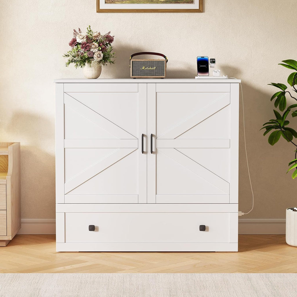 LIVAUVEAD Murphy Bed with Built-in Charging Station, Space-Saving Murphy Bed Chest Twin with Drawer, Foldable, for Home Office Guest Room Bedroom White