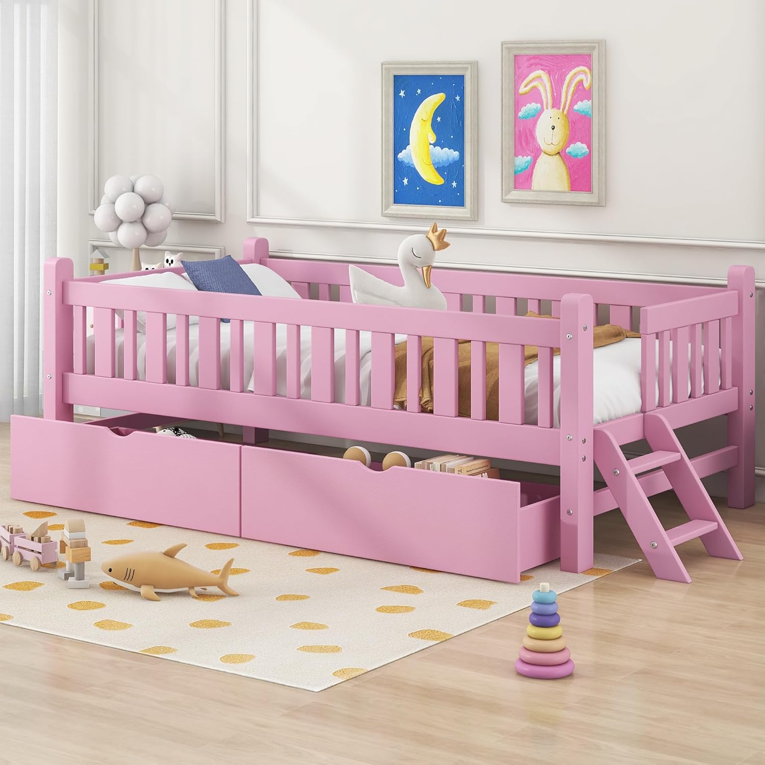 VilroCaz Twin Size Platform Bed with Guardrail and 2 Drawers, Wood Kids Platform Bed Frame with Two-Step Ladder for Boys Girls, Sturdy Slats Support (Pink-1.26)