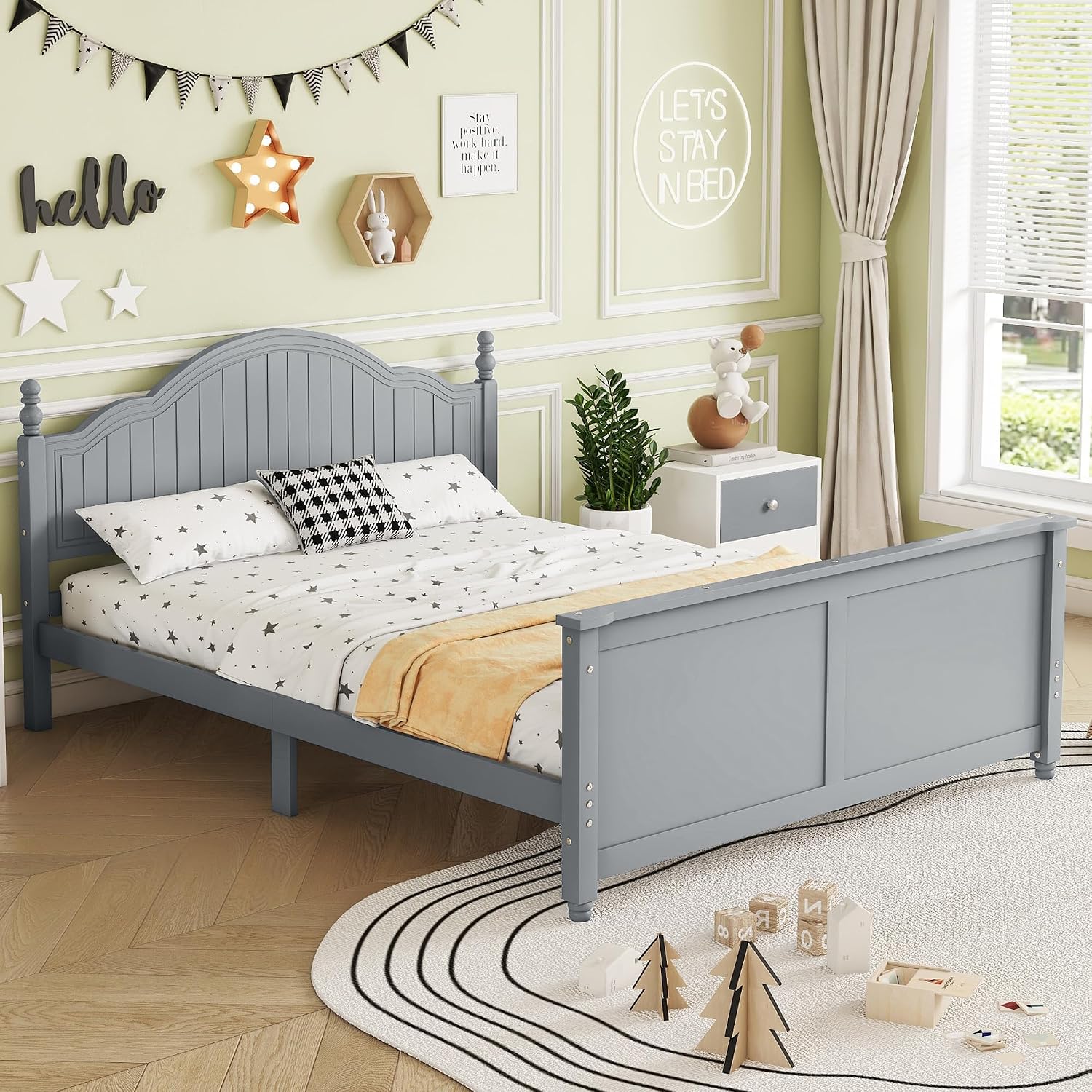 Full Size Kids Bed with Full-Length Guardrail,Low Profile Bed Frame with Headboard and Footboard,Wooden Platform Bed with 6.7-inch Under Bed Storage,Slats Support,Roman Column Design,Gray