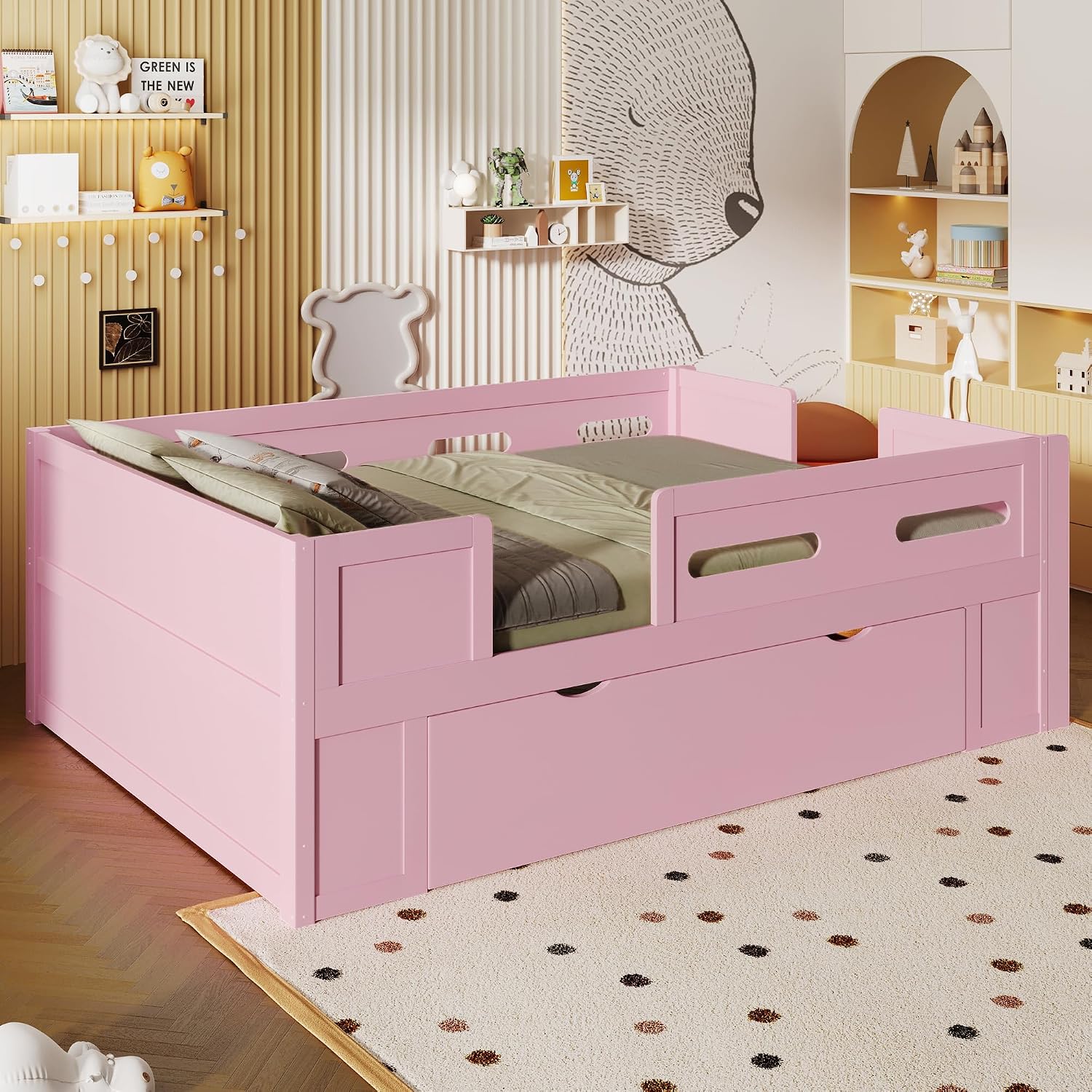 VilroCaz Modern Full Size Platform Bed with Guardrail and Large Drawer, Wood Kids Platform Bed Frame with Two-Step Ladder for Boys Girls, Sturdy Slats Support (Pink-1.12F)