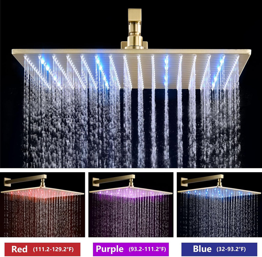 Aolemi Shower Faucet Set with Handheld Spray High Pressure Shower System Shower Faucets Sets Complete Rough-in Valve and Shower Trim Kit Wall Mount Rainfall 16 Inch LED Shower Head Brushed Gold