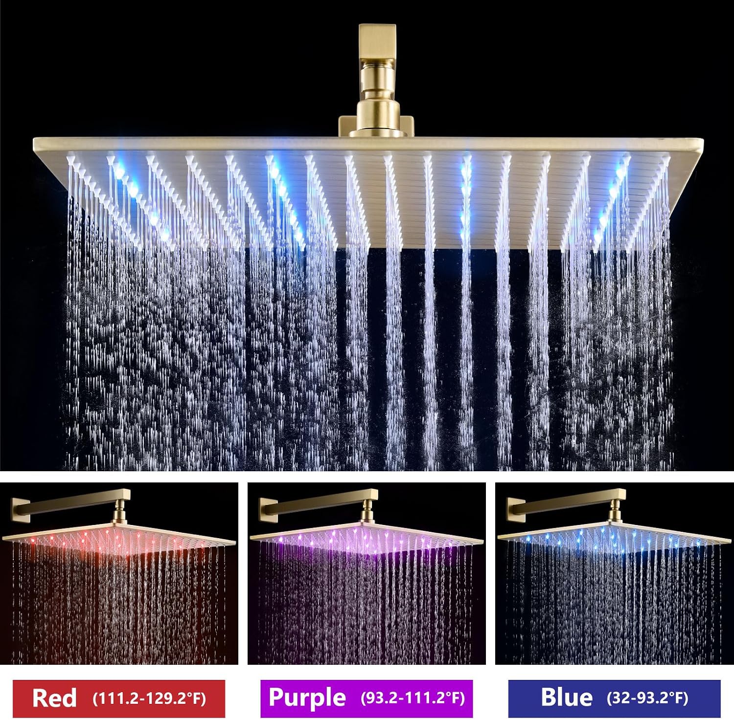 Aolemi Shower Faucet Set with Handheld Spray High Pressure Shower System Shower Faucets Sets Complete Rough-in Valve and Shower Trim Kit Wall Mount Rainfall 16 Inch LED Shower Head Brushed Gold