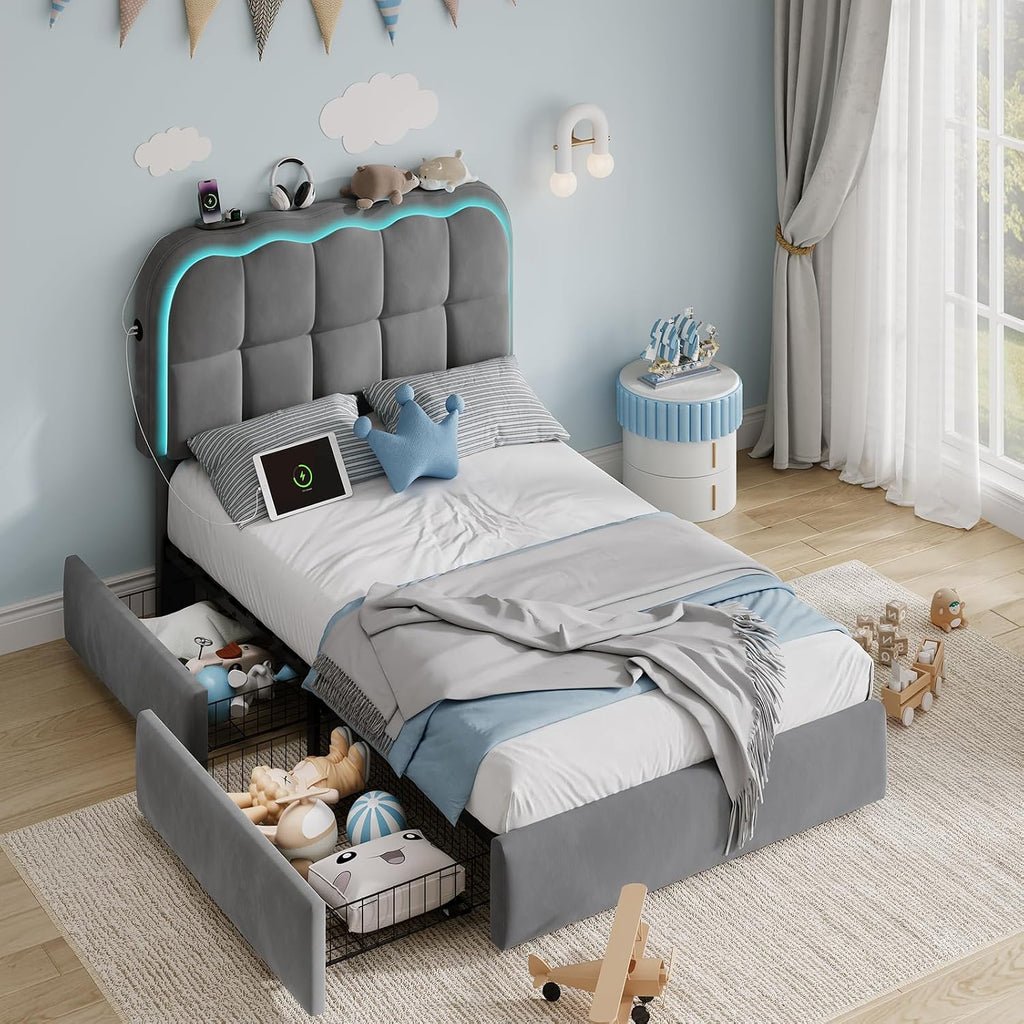 CypBed Twin Bed Frame with Storage Drawers and Headboard, Upholstered LED Twin Size Platform Bed Frame for Kids – Sturdy Metal Bed Frame Twin with Wood Slats Support, No Box Spring Needed, Grey