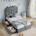 CypBed Twin Bed Frame with Storage Drawers and Headboard, Upholstered LED Twin Size Platform Bed Frame for Kids – Sturdy Metal Bed Frame Twin with Wood Slats Support, No Box Spring Needed, Grey
