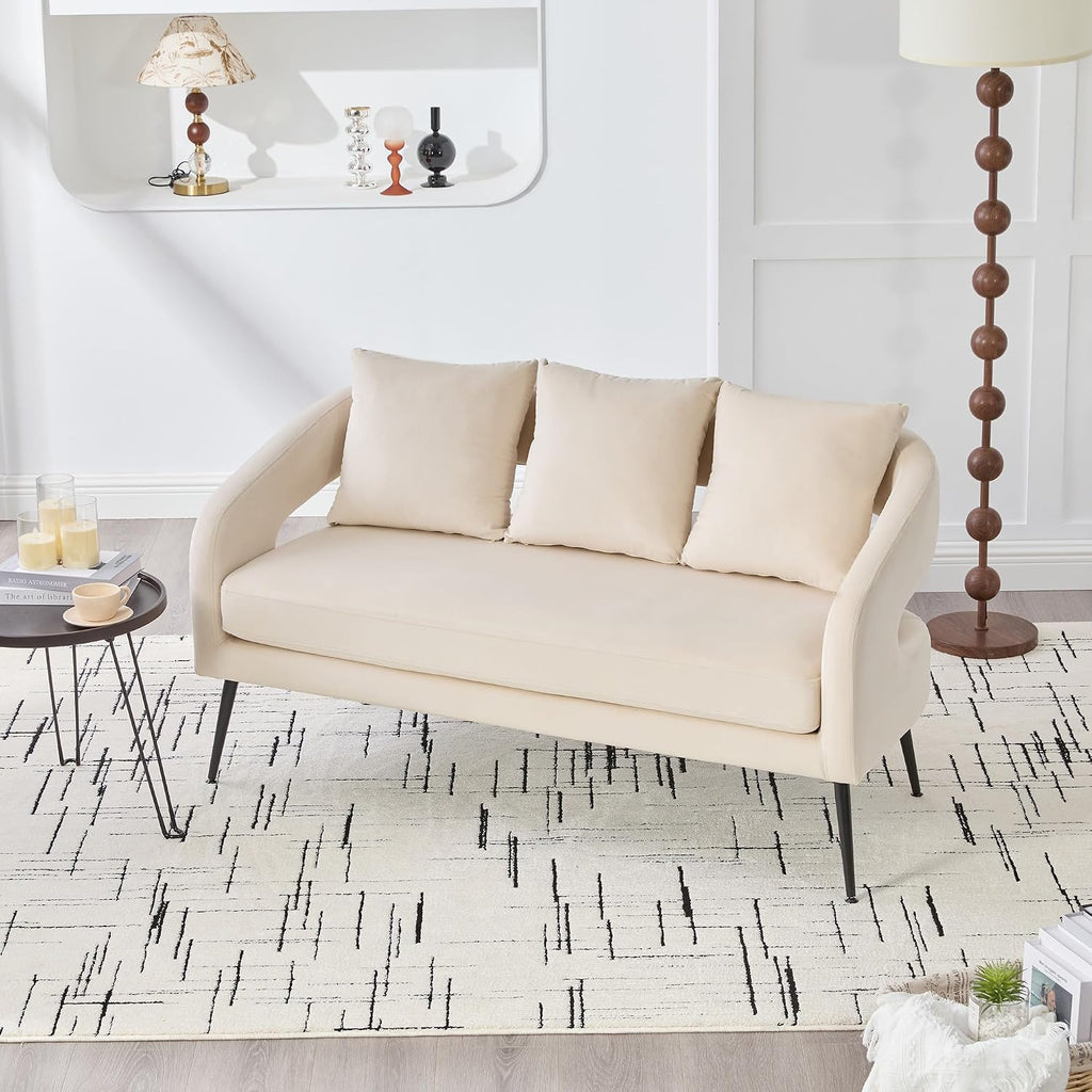 53.7' Modern Velvet Loveseat Sofa with 3 Pillow,Small Comfortable 2 Seat Sofa with Metal Legs, Small Couch for Living Room,Bedroom,Office,Reception,Beige