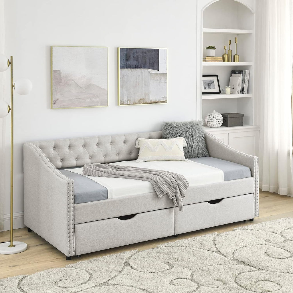 Wood Twin Daybed, Day Bed Frame with 2 Storage Drawers, Upholstered Twin Bed Frame Sofa Couch with Button and Nailhead Design for Bedroom Guest Room, No Box Spring Needed, Beige