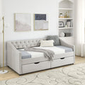 Wood Twin Daybed, Day Bed Frame with 2 Storage Drawers, Upholstered Twin Bed Frame Sofa Couch with Button and Nailhead Design for Bedroom Guest Room, No Box Spring Needed, Beige