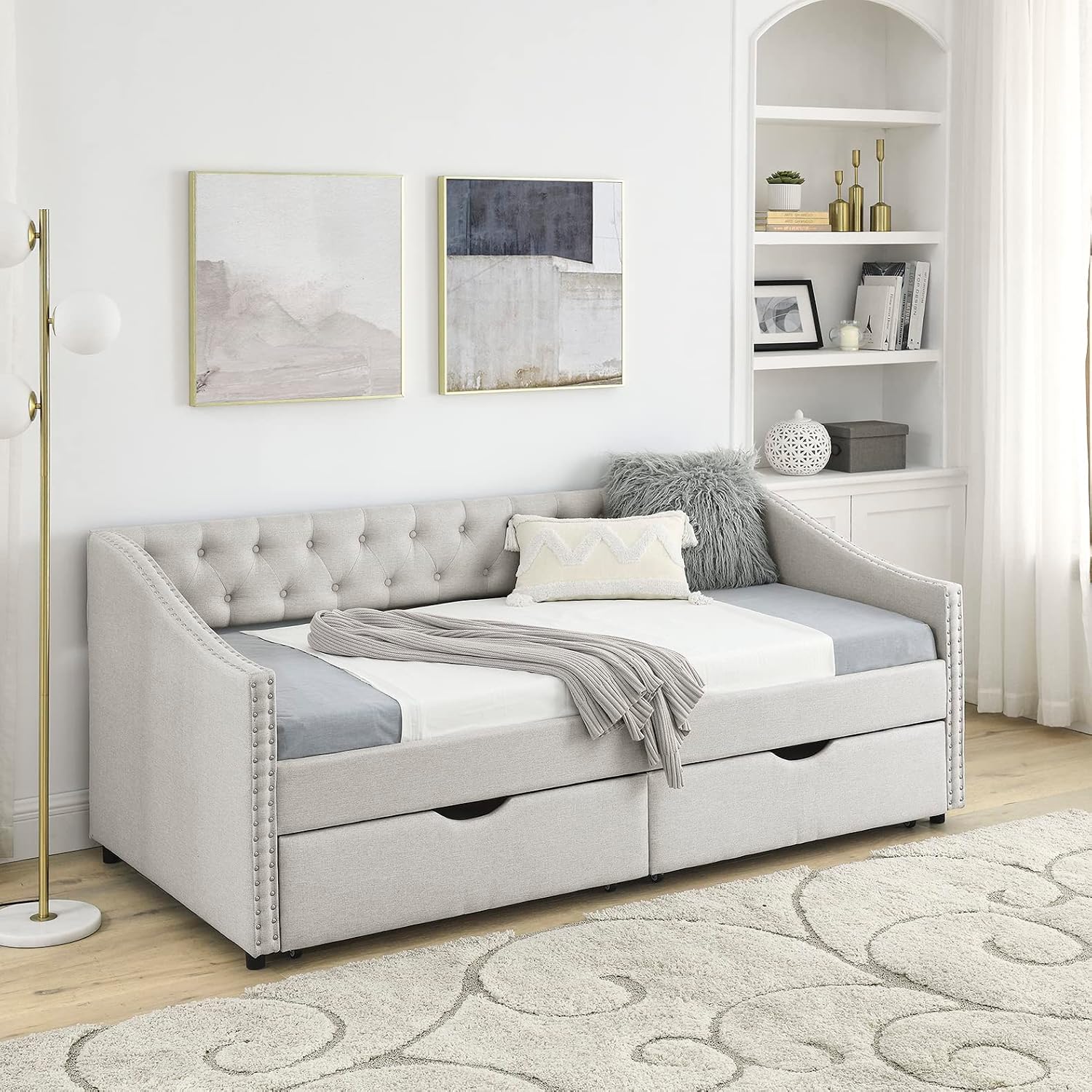 Wood Twin Daybed, Day Bed Frame with 2 Storage Drawers, Upholstered Twin Bed Frame Sofa Couch with Button and Nailhead Design for Bedroom Guest Room, No Box Spring Needed, Beige