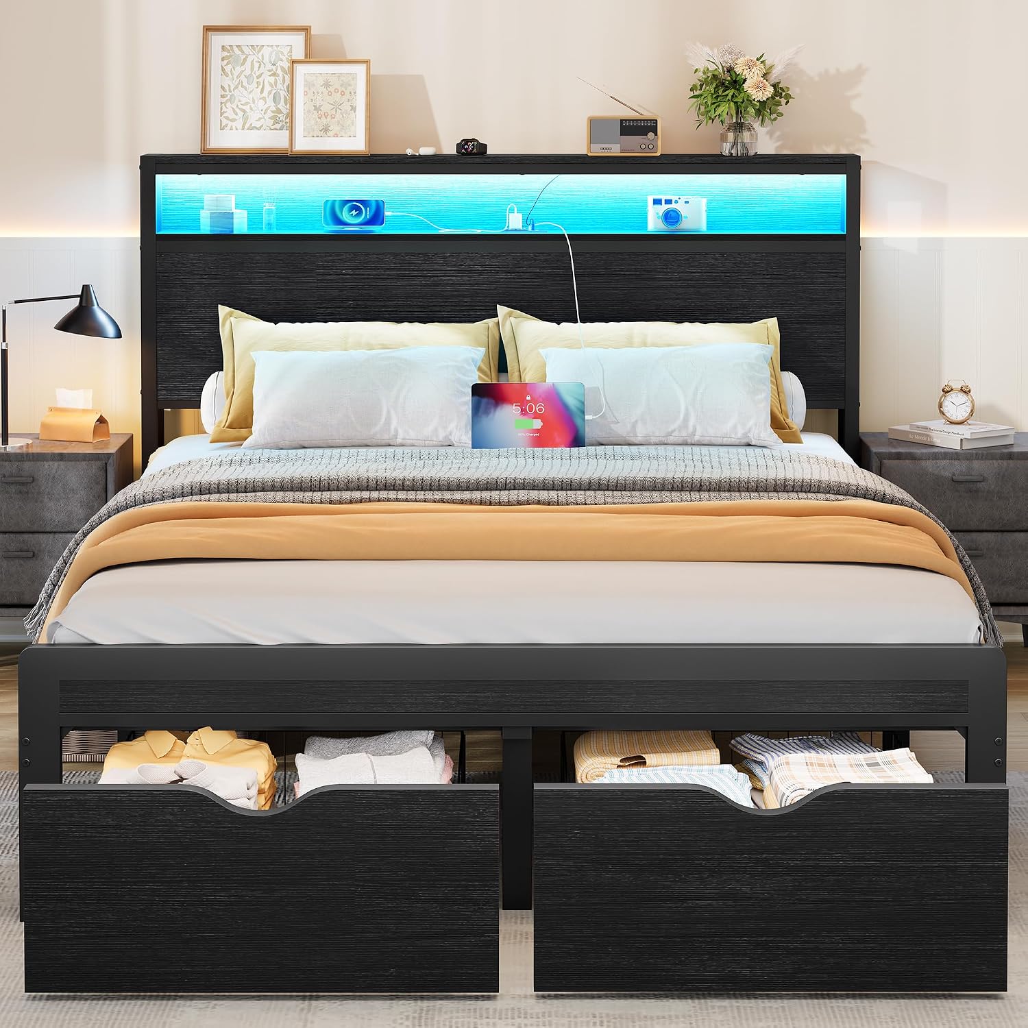 FAVOOSTY Queen Bed Frame with 2-Tier Headboard, Metal Platform with 2 Storage Drawers, LED Lights and Charging Station, Noise Free, No Box Spring Needed, Easy Assembly, Black