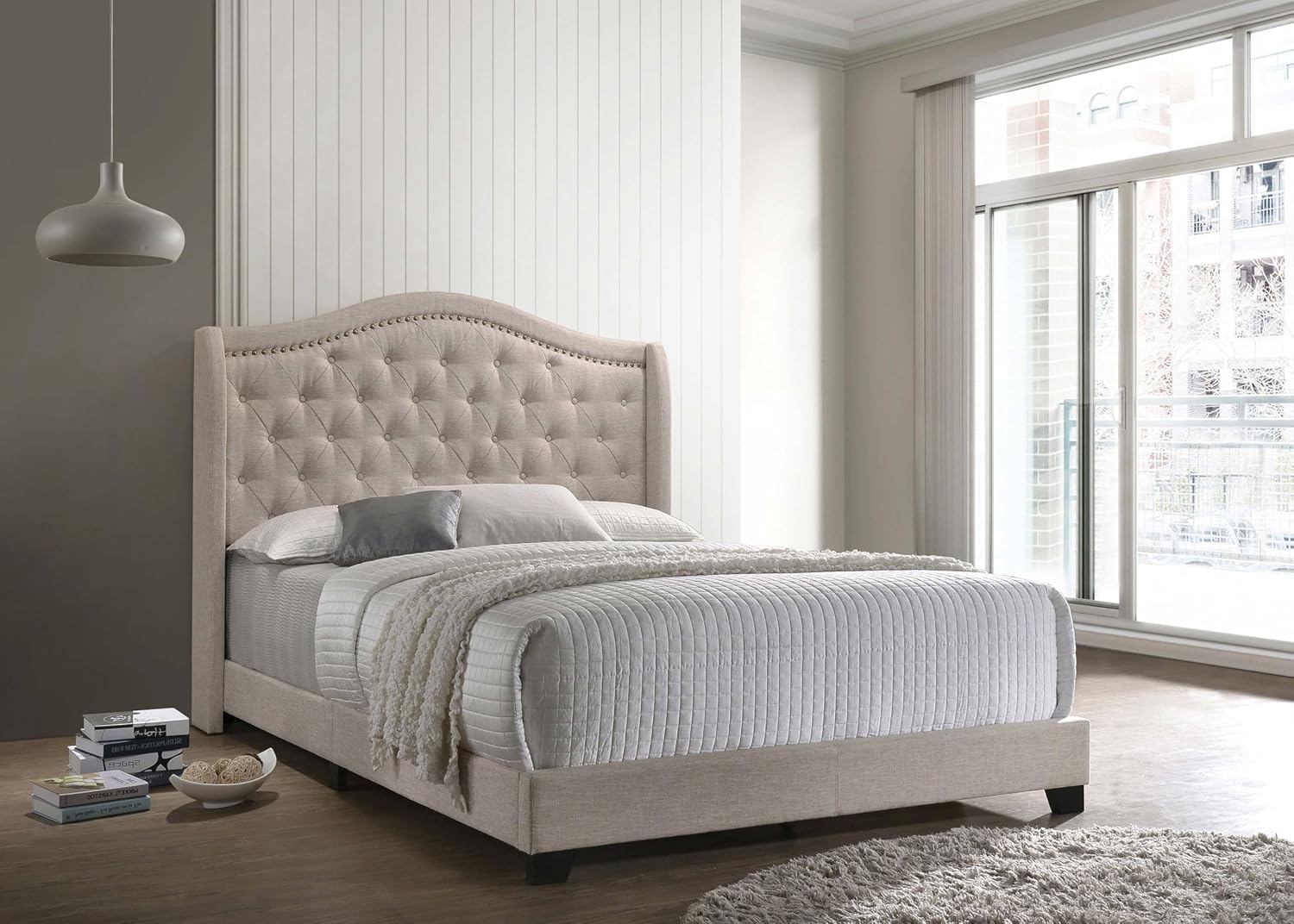Coaster Home Furnishings - Sonoma - Wood - Upholstered Panel Bed with Camelback Profile, Button Tufting, Chrome Nail Head Trim and Demi-Wing Design - Bedroom - Queen Size - Beige - 310073Q
