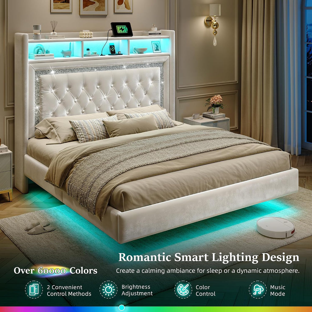 Homkdom Floating Bed Frame Queen with LED Lights & Charging Station, Upholstered Queen Bed Frame with Tall Velvet Storage Headboard, Heavy Duty Metal Slats/No Box Spring Needed/No Noise, Modern,Beige