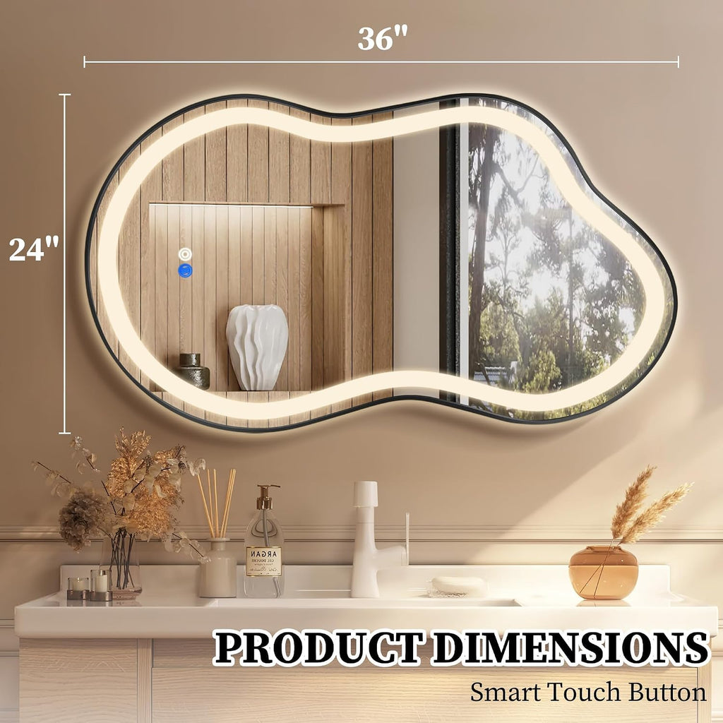 Irregular LED Bathroom Mirror with Lights, Cloud Smart Backlit Mirror, Dimmable Lighted Bathroom Mirror with Anti-Fog, Asymmetrical Vanity Mirror Hangable 2 Ways (Black, 24' x 36', 1 Pack)