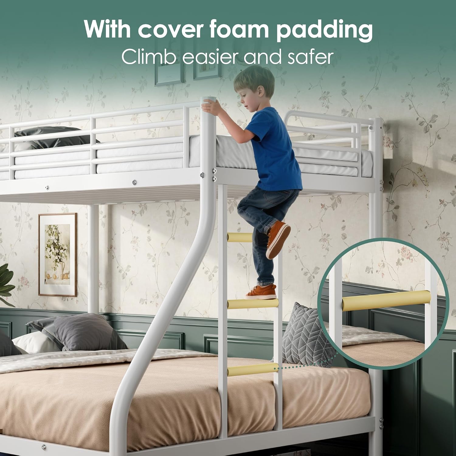 Bunk Beds Twin XL Over Queen, Heavy Duty Bunk Beds with Bottom Space & Guardrail Metal Bunk Bed Frame for Adults Teens Dorm Bedroom Guest Room, No Box Spring Needed（White）
