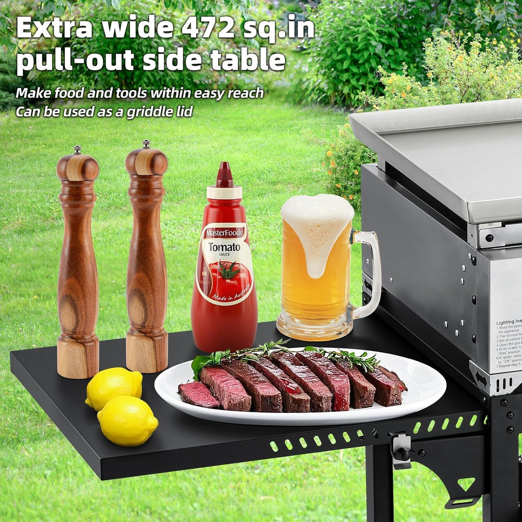 3 Burner 30000 BTU Outdoor Gas Griddle with Lid (Side Shelf), Portable Flat Top Griddle 28 Inch Heavy-Duty Cast Iron Grill, Bottle Rack & Grease Pan for Camping, Picnic, Patio