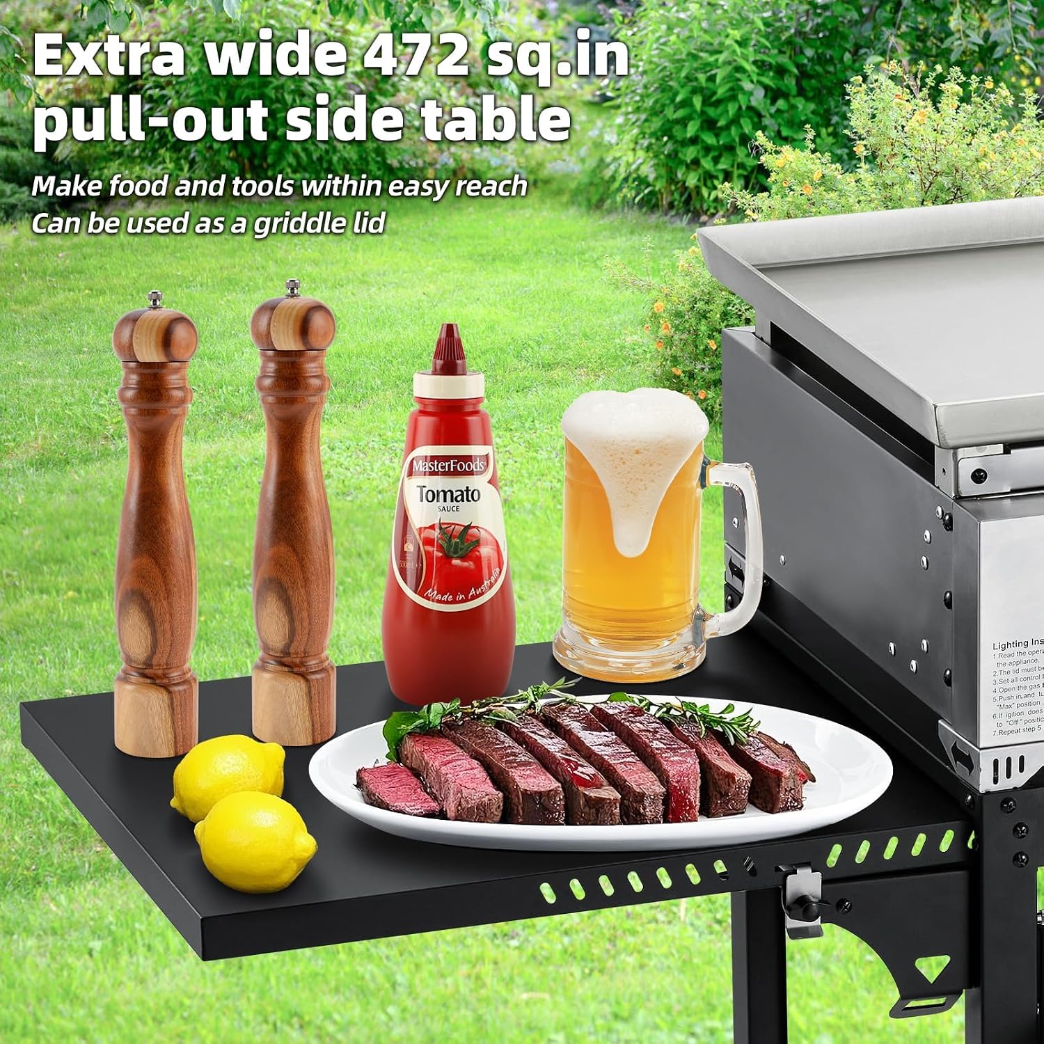 3 Burner 30000 BTU Outdoor Gas Griddle with Lid (Side Shelf), Portable Flat Top Griddle 28 Inch Heavy-Duty Cast Iron Grill, Bottle Rack & Grease Pan for Camping, Picnic, Patio