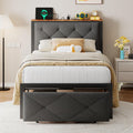 Einhomn Twin Bed Frame with Storage Drawer, Metal Platform Bed with Charging Station, Upholstered Button Tufted Storage Headboard, No Box Spring Needed, Noise-Free, Easy Assembly, Grey