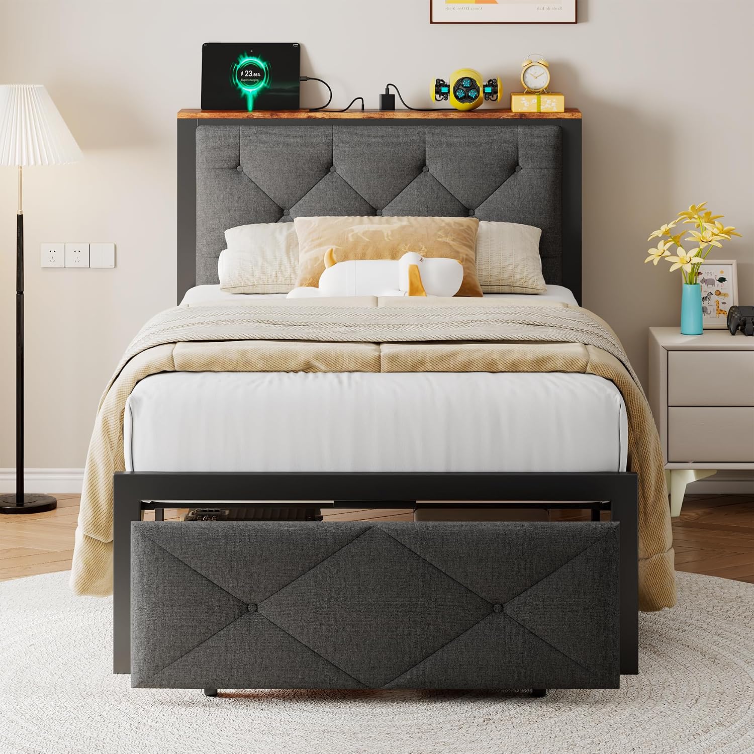 Einhomn Twin Bed Frame with Storage Drawer, Metal Platform Bed with Charging Station, Upholstered Button Tufted Storage Headboard, No Box Spring Needed, Noise-Free, Easy Assembly, Grey