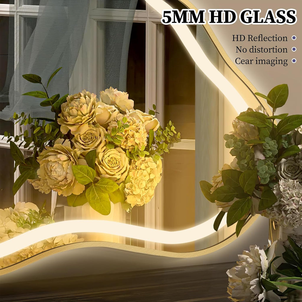 Irregular LED Bathroom Mirror with Lights, Cloud Smart Backlit Mirror, Dimmable Lighted Bathroom Gold Mirror with Anti-Fog, Asymmetrical Vanity Mirror Hangable 2 Ways (Gold, 26 x 46, 1 Pack)