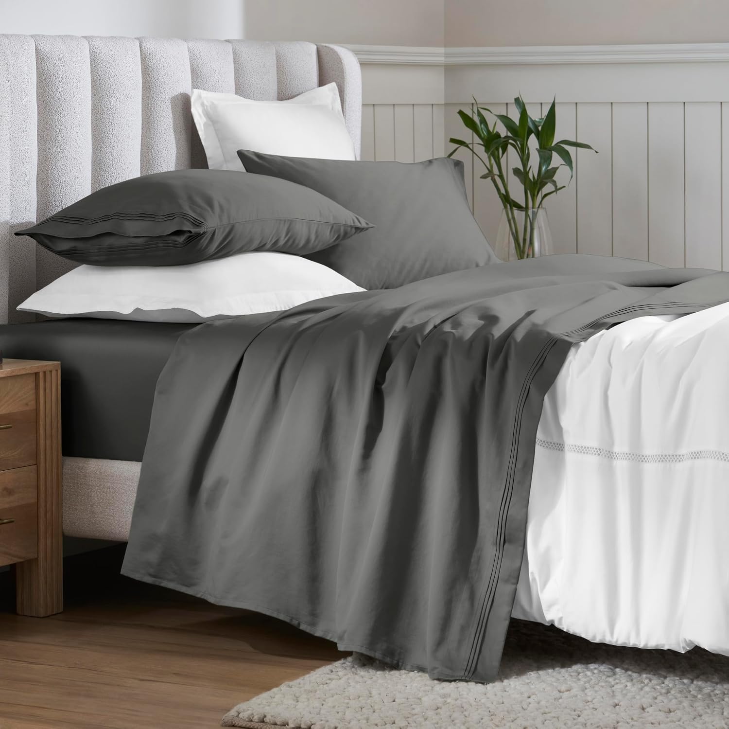 Superior Egyptian Cotton 4 Piece Sheet Set, 650 Thread Count, Modern Design, Sustainable Sheets, Ultra-Soft Basics, Solid, Deep Pocket Fitted Sheet, Flat Sheet, Pillowcases, King, Grey