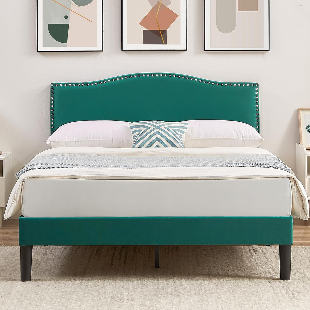 VECELO Queen Bed Frame, Platform Bed Frame with Adjustable Height Upholstered Headboard, Heavy-Duty Frames and Strong Wooden Slats Support, Non-Slip and Noise-Free, Easy Assembly, Dark Green