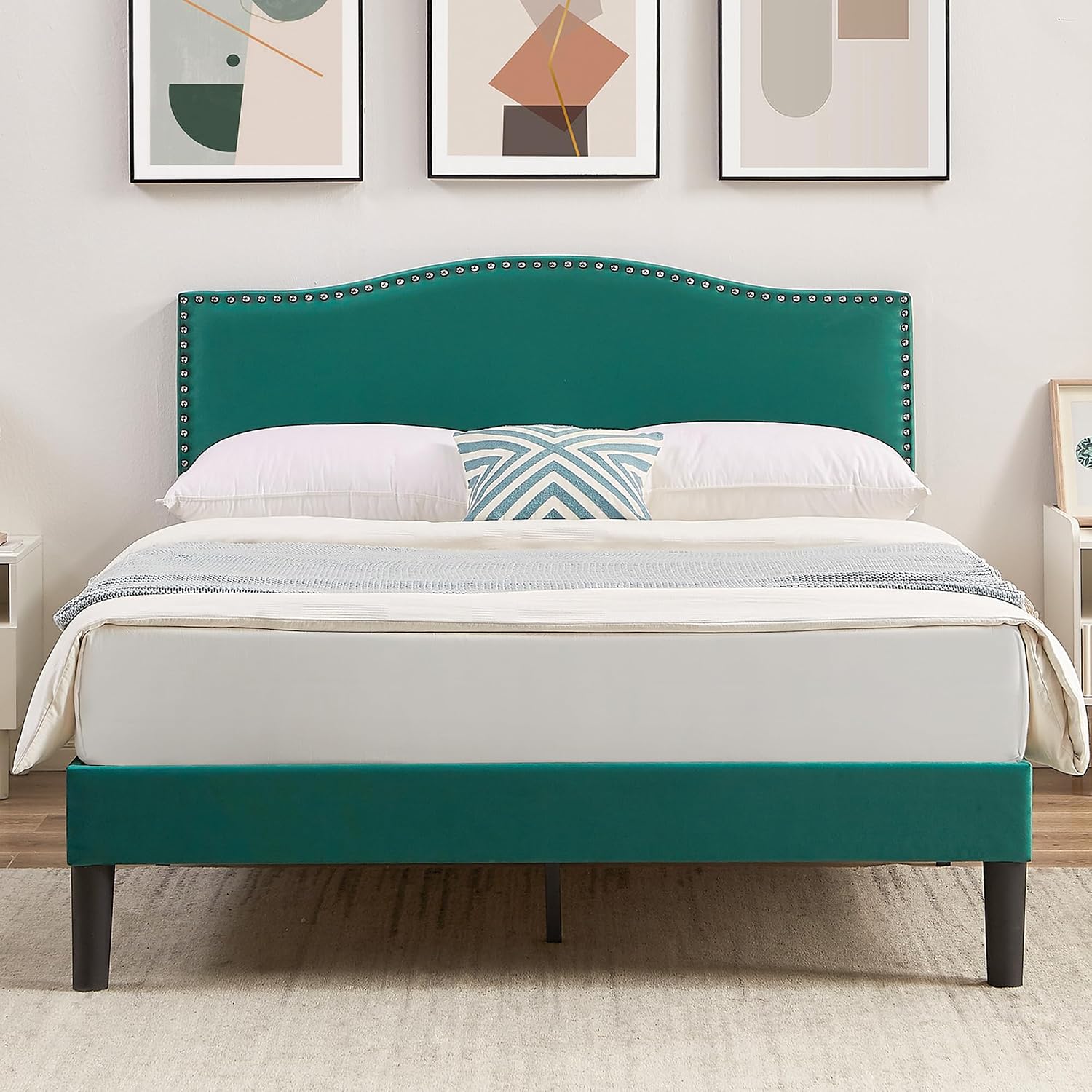 VECELO Queen Bed Frame, Platform Bed Frame with Adjustable Height Upholstered Headboard, Heavy-Duty Frames and Strong Wooden Slats Support, Non-Slip and Noise-Free, Easy Assembly, Dark Green