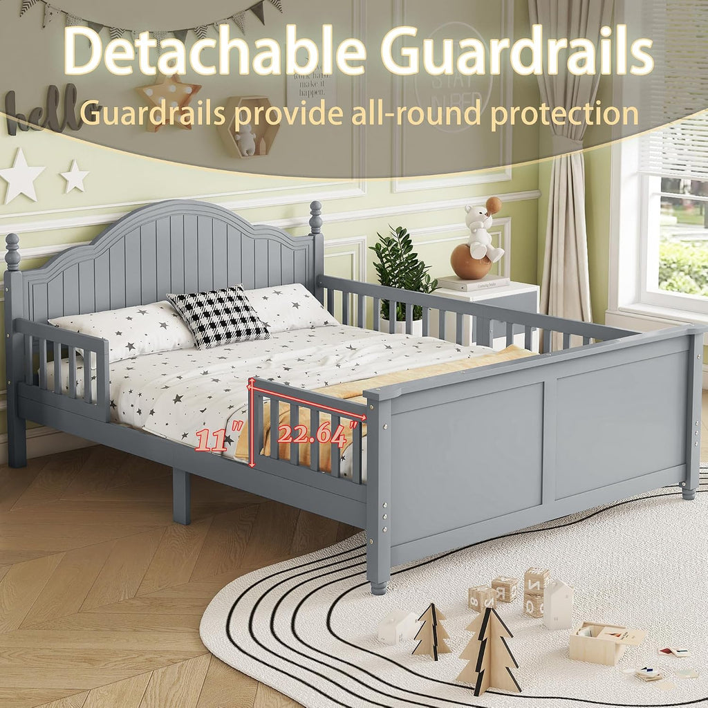 Full Size Kids Bed with Full-Length Guardrail,Low Profile Bed Frame with Headboard and Footboard,Wooden Platform Bed with 6.7-inch Under Bed Storage,Slats Support,Roman Column Design,Gray