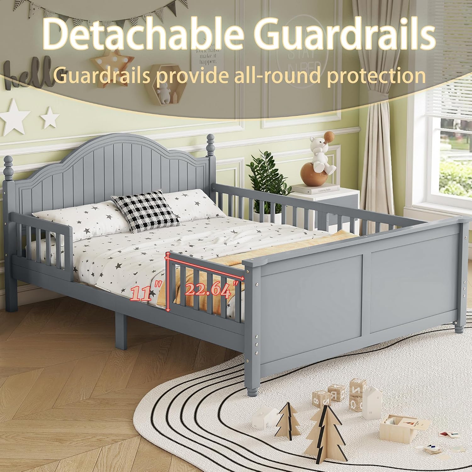 Full Size Kids Bed with Full-Length Guardrail,Low Profile Bed Frame with Headboard and Footboard,Wooden Platform Bed with 6.7-inch Under Bed Storage,Slats Support,Roman Column Design,Gray