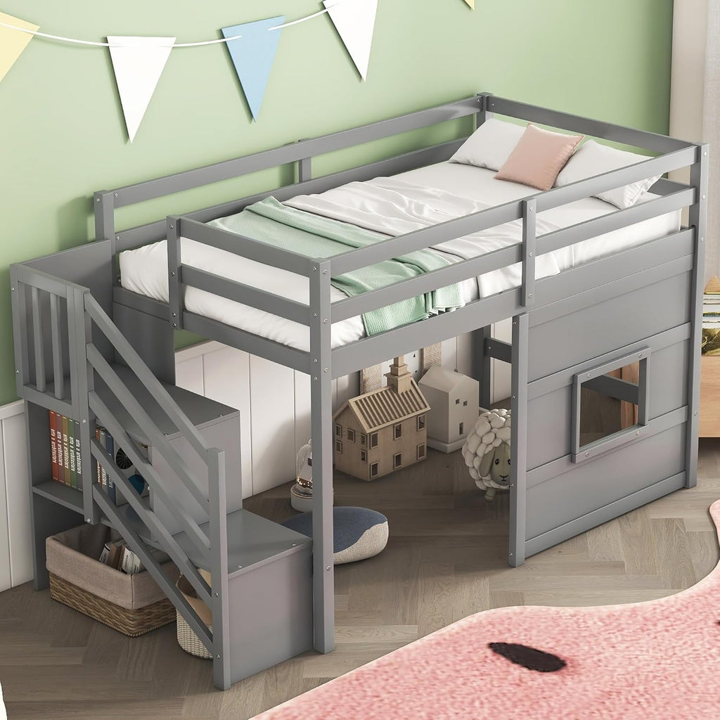 Harper & Bright Designs Low Loft Bed Twin Size with Stairs and Storage Shelves for Saving Space, Wood Loft Bed Frame with Window, Grey