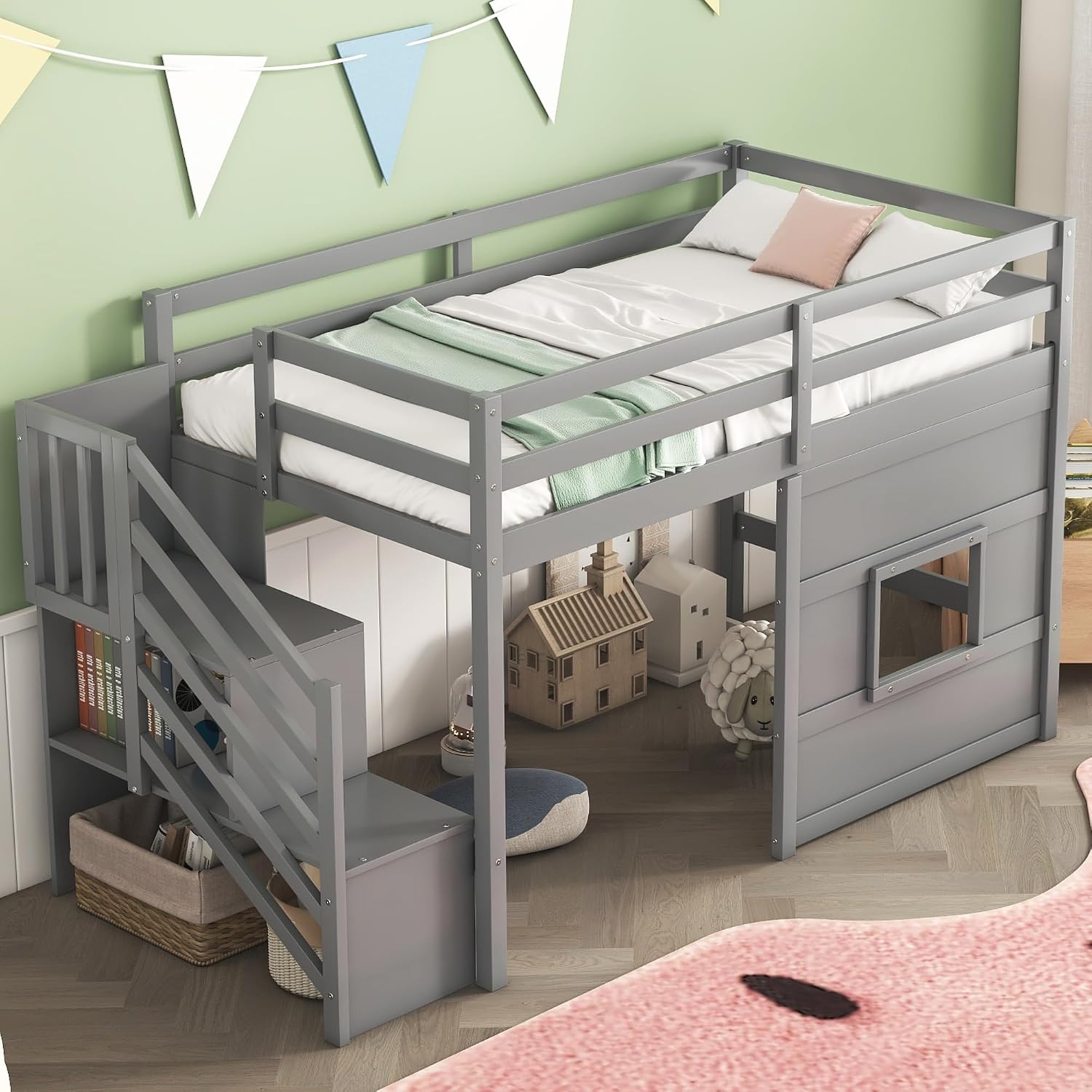 Harper & Bright Designs Low Loft Bed Twin Size with Stairs and Storage Shelves for Saving Space, Wood Loft Bed Frame with Window, Grey