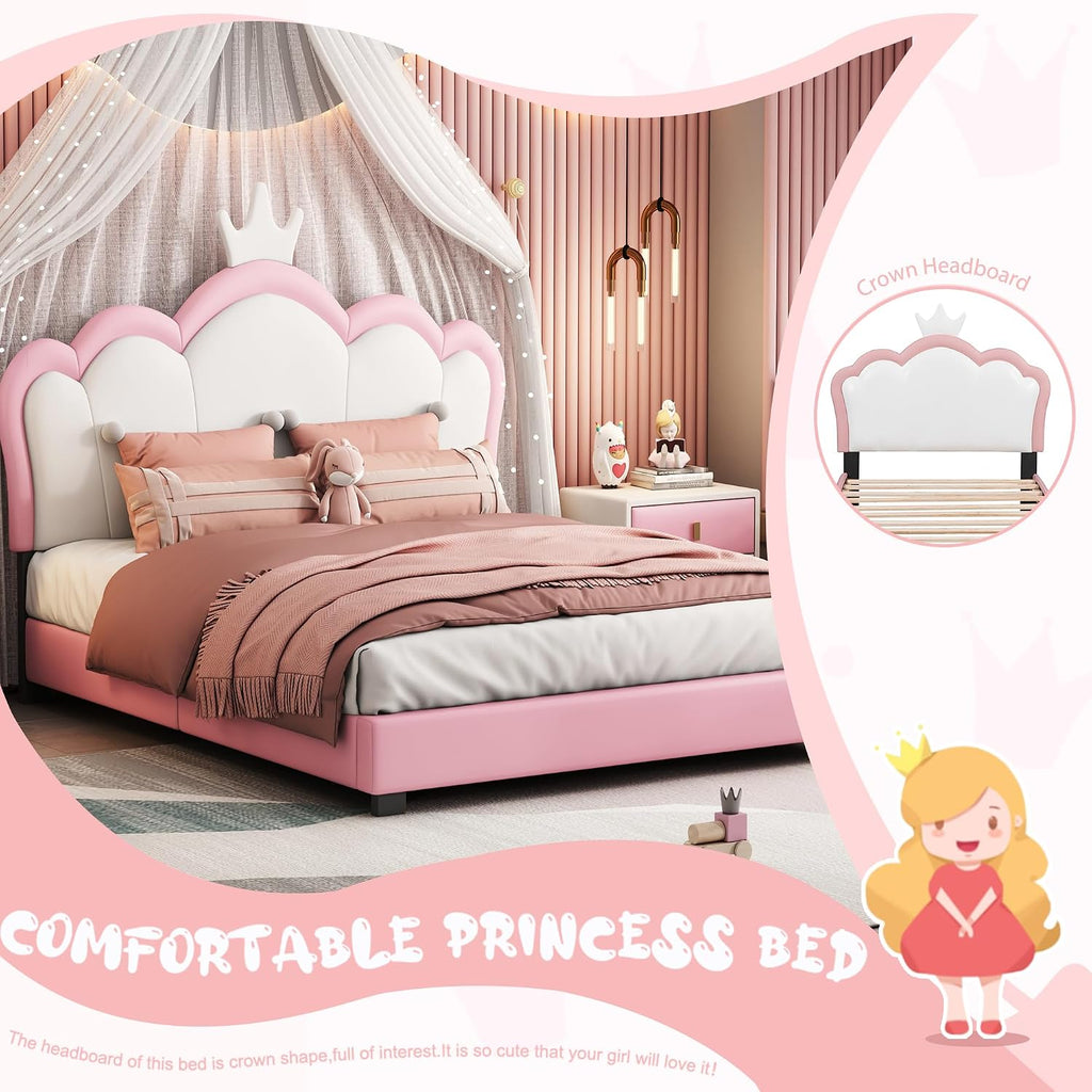 Full Size Princess Bed Frame with Crown Shaped Headboard for Kids,Upholstered Platform Bed with Slats Support,Pink Girls Bed,Full Bed for Girls Teens,Pink