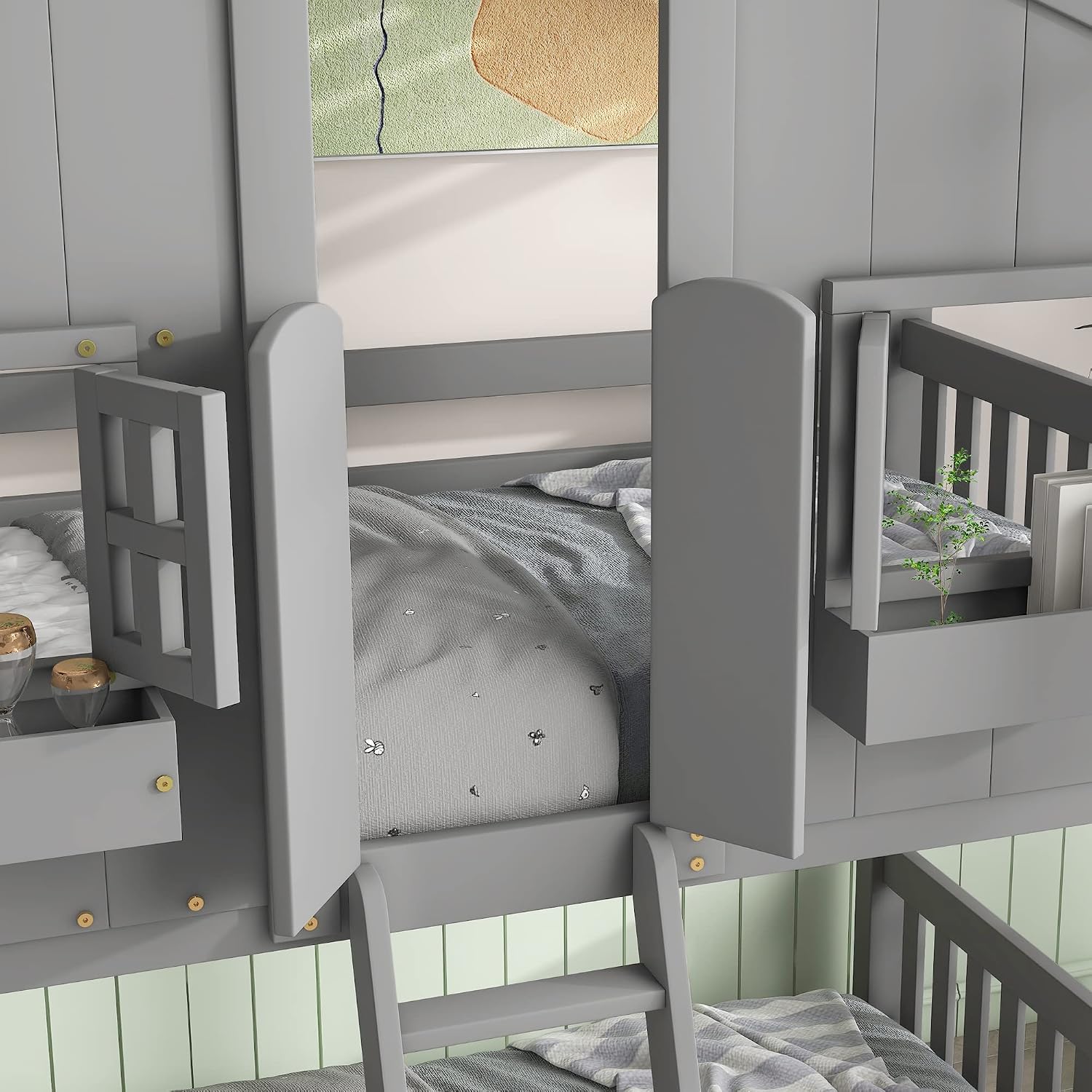 Polibi House Bunk Bed, Twin Over Twin with Roof, Window & Door, 2 Small Window Box Shelves,Safety Guardrails & Ladder, Low-Height Kids Playhouse Bed,Grey