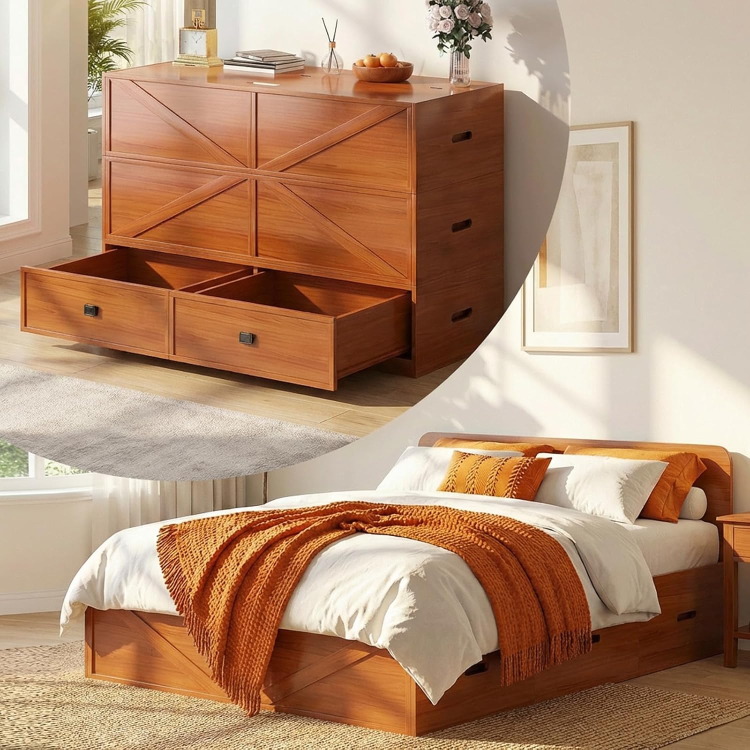 CECER Murphy Bed Queen with Mattress Include，Murphy Bed Queen with Storage Drawers，Multi-Functional Desgin that Converts to Sofa Set for Small Spaces/Guest Room/Bedroom（Maroon）