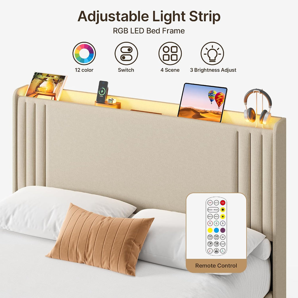 Gizoon Queen Bed Frame with Charging Station and LED Lights,Upholstered Wingback Platform Bed with Wooden Slats,Noise-Free,No Box Spring Needed