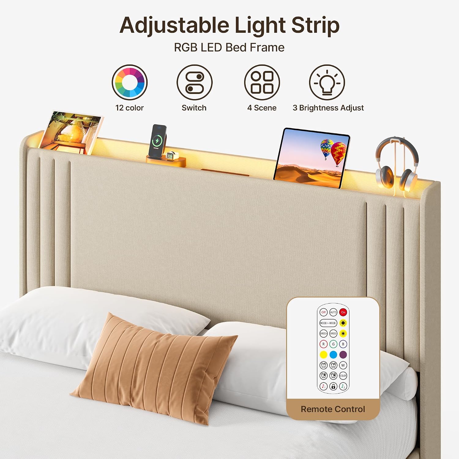 Gizoon Queen Bed Frame with Charging Station and LED Lights,Upholstered Wingback Platform Bed with Wooden Slats,Noise-Free,No Box Spring Needed