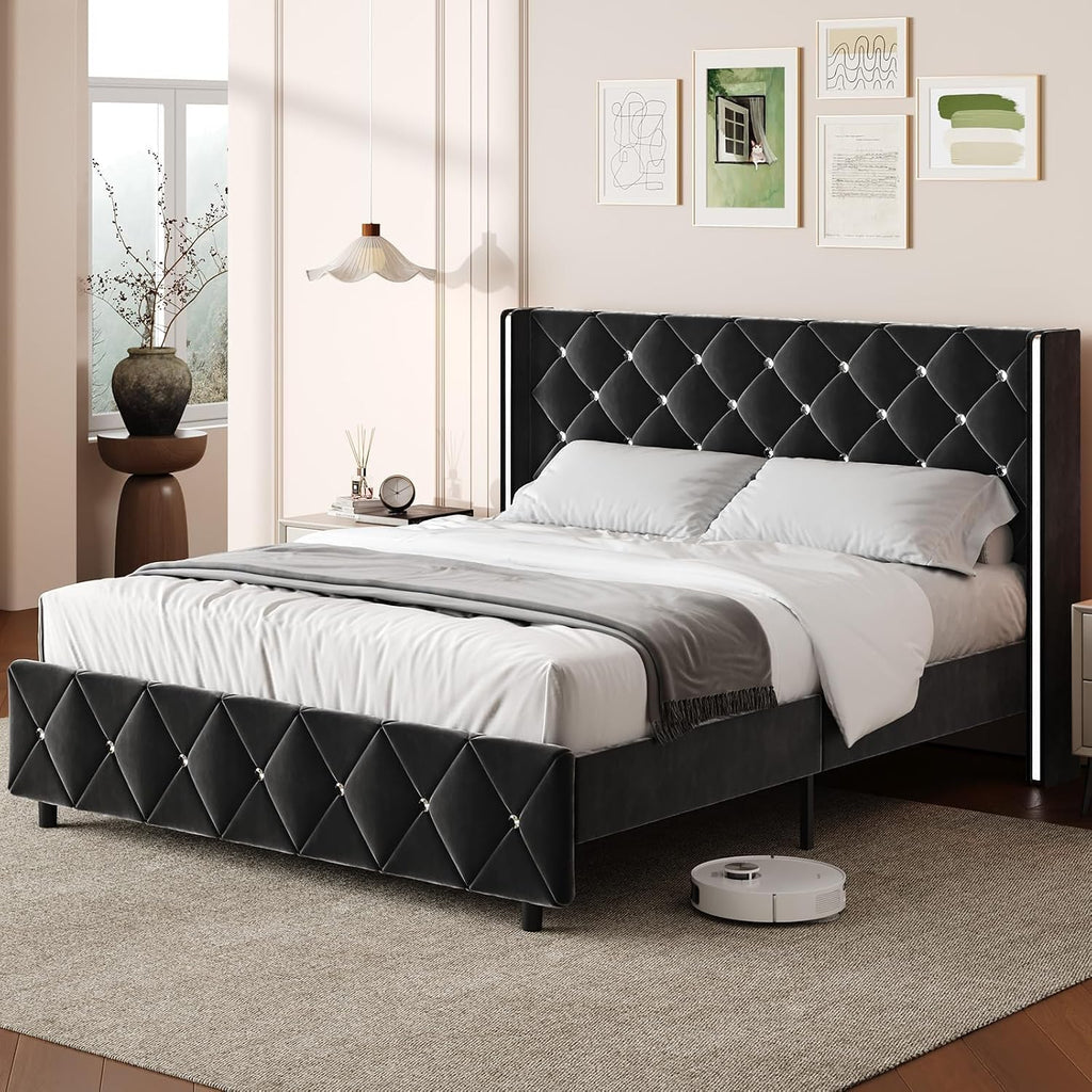 HOMBCK Full Size Bed Frame with Headboard, Velvet Upholstered Full Size Bed with Diamond Tufted Wingback Headboard, 800lbs Heavy Duty Support, Sliver Metal Edge Accents, No Box Spring Needed, Black