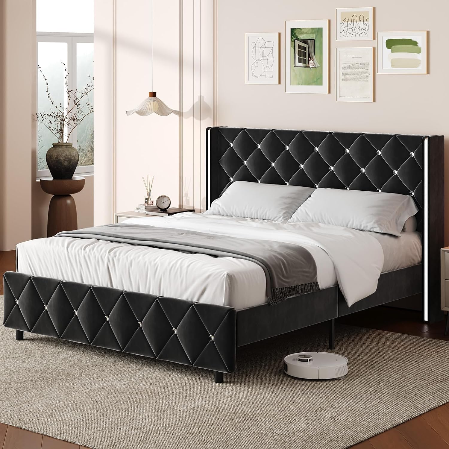 HOMBCK Full Size Bed Frame with Headboard, Velvet Upholstered Full Size Bed with Diamond Tufted Wingback Headboard, 800lbs Heavy Duty Support, Sliver Metal Edge Accents, No Box Spring Needed, Black