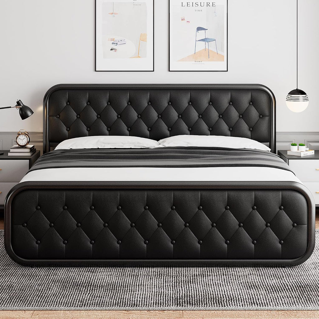 iPormis King Size Metal Bed Frame with Leather Headboard, Heavy-Duty Platform Bed Frame, Thicker Metal Steel Slats Support, 12'' Under-Bed Space, Noise-Free, Easy Assembly, Matte Black