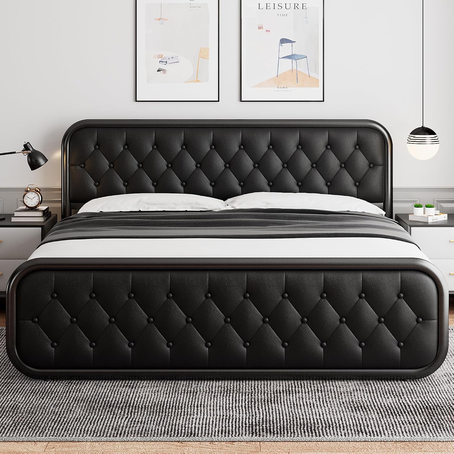 iPormis King Size Metal Bed Frame with Leather Headboard, Heavy-Duty Platform Bed Frame, Thicker Metal Steel Slats Support, 12'' Under-Bed Space, Noise-Free, Easy Assembly, Matte Black