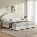 REVOMINCA King Size Bed Frame with Round Headboard, Boucle Upholstered Bed with Round Headboard, Soft Arch Shaped Modern Style, No Box Spring Required, Easy Assembly, White