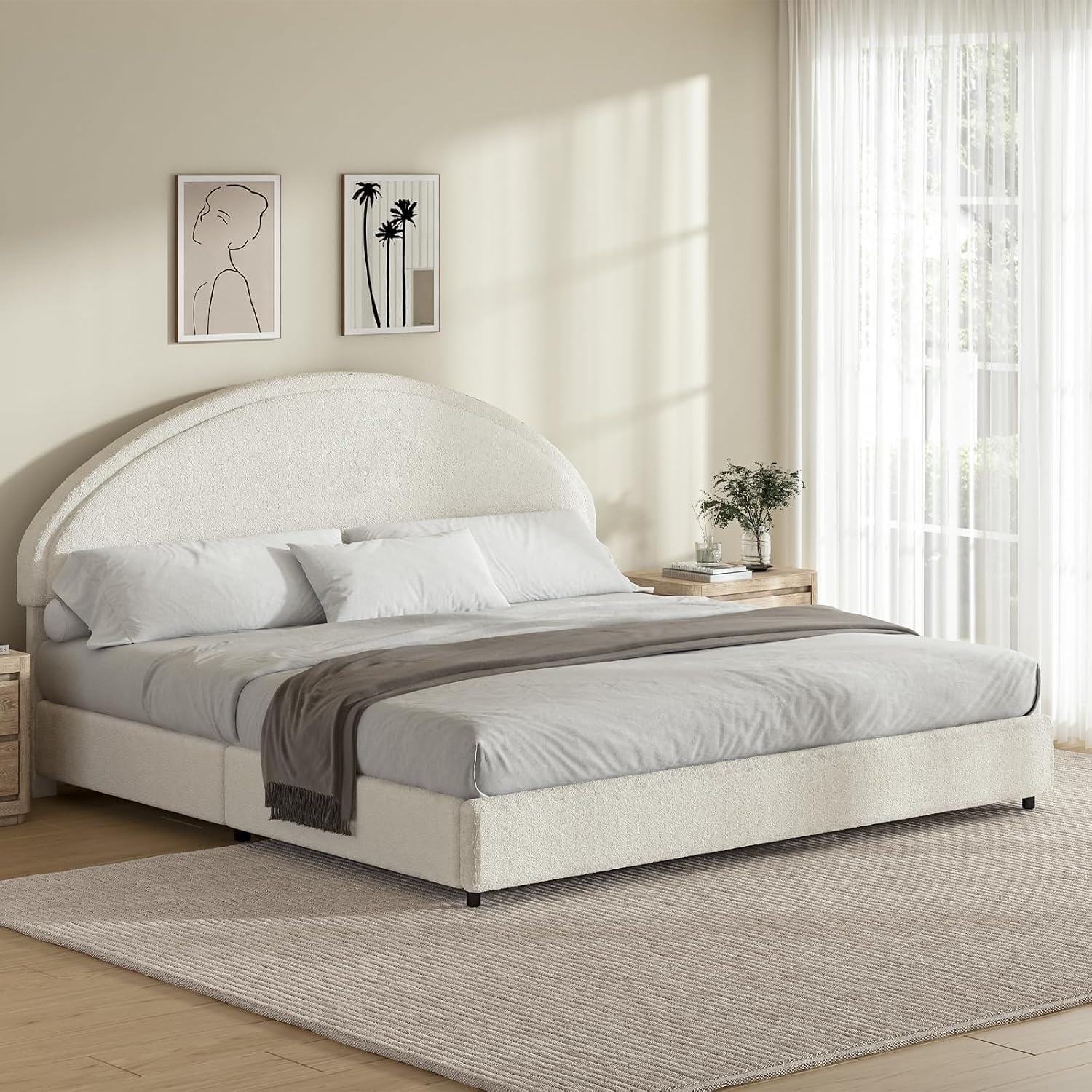 REVOMINCA King Size Bed Frame with Round Headboard, Boucle Upholstered Bed with Round Headboard, Soft Arch Shaped Modern Style, No Box Spring Required, Easy Assembly, White
