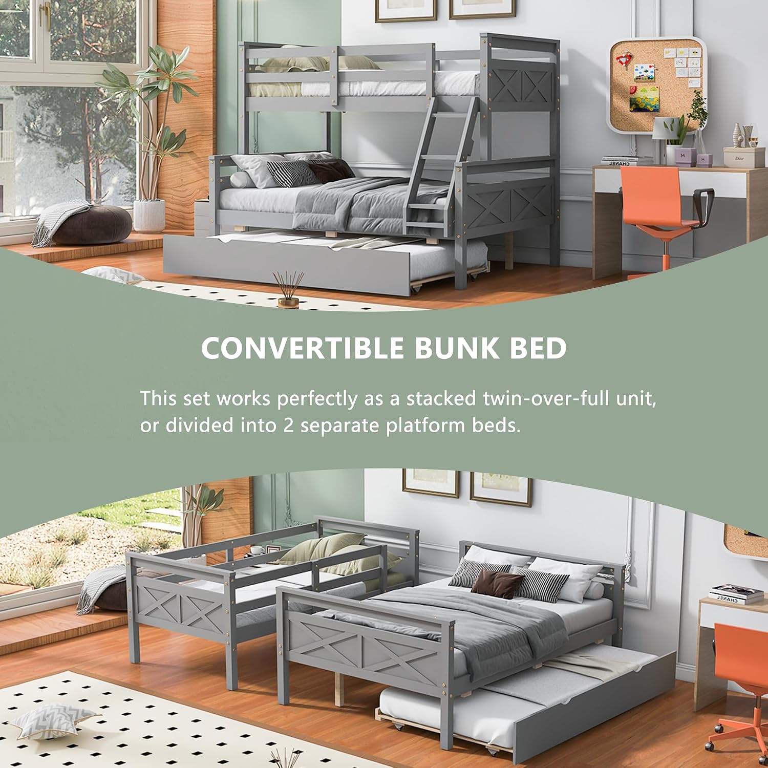 Merax Trundle Bunk Bed, Twin Over Full Wood Bunk Bed with Twin Size Trundle and Ladder, 3-in-1 Convertible to 2 Separate Beds, Solid Wood Frame with Guardrai, Grey