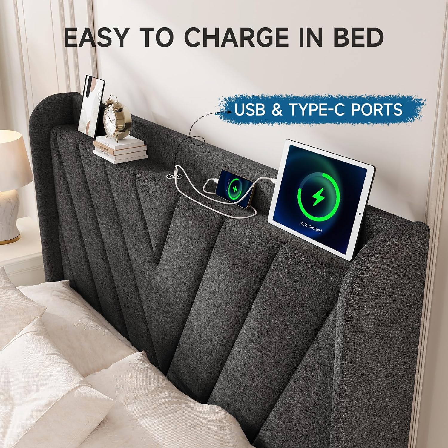 koorlian Full Size Bed Frame, Full Bed Frame with Headboard, Adjustable Upholstered Bed Frame with Type-C&USB Port, Wingback Storage Headboard, Noiseless, No Box Spring Needed, Dark Gray