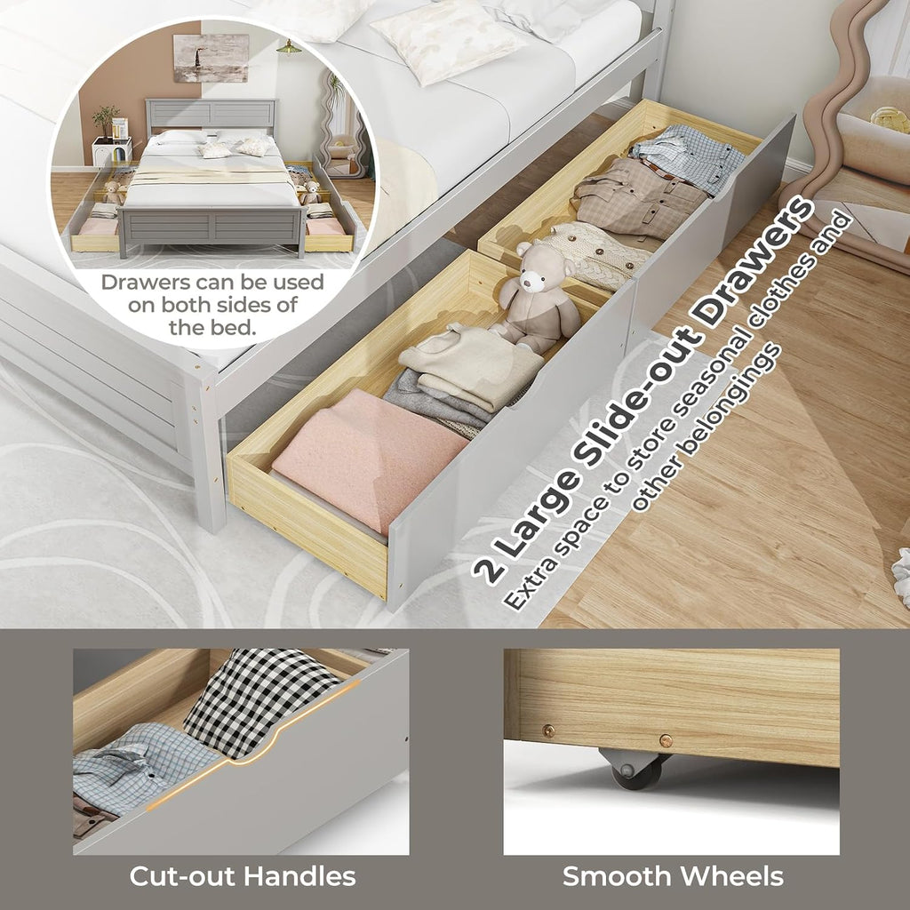 Giantex Wood Full Size Bed Frame with 2 Storage Drawers, Solid Wood Platform Bed with Headboard, Wooden Slats Mattress Foundation, No Spring Needed, Full Bed Frame for Kids, Teens, Adults, Grey