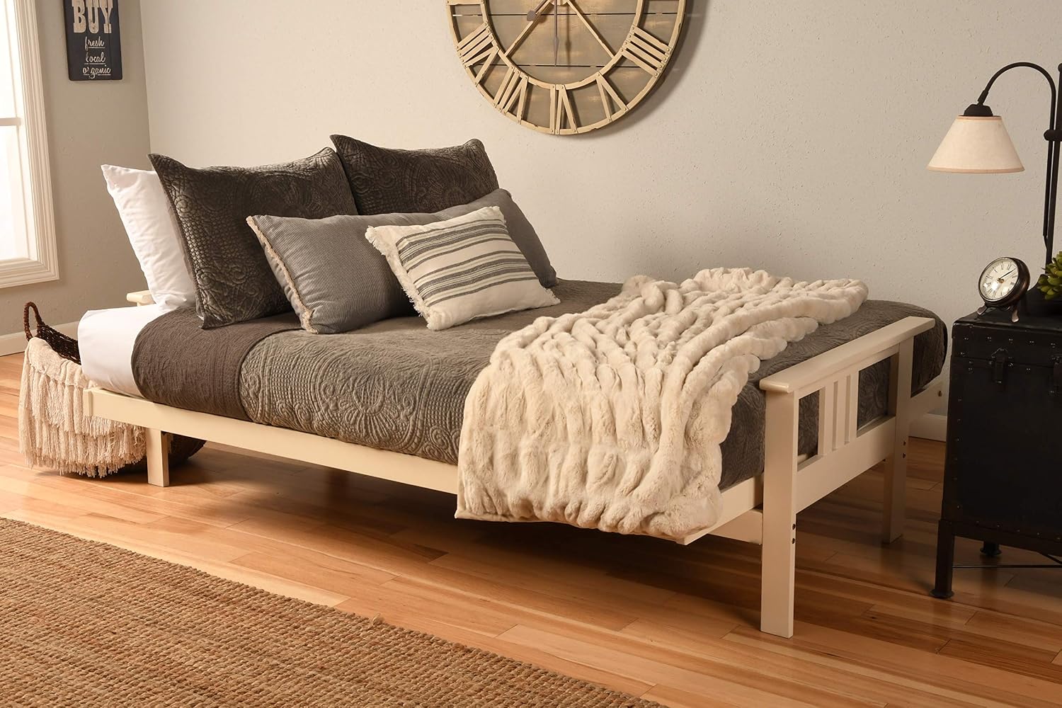 Kodiak Furniture Monterey Futon Set, No Drawers, with Antique White Base and Linen Aqua Mattress