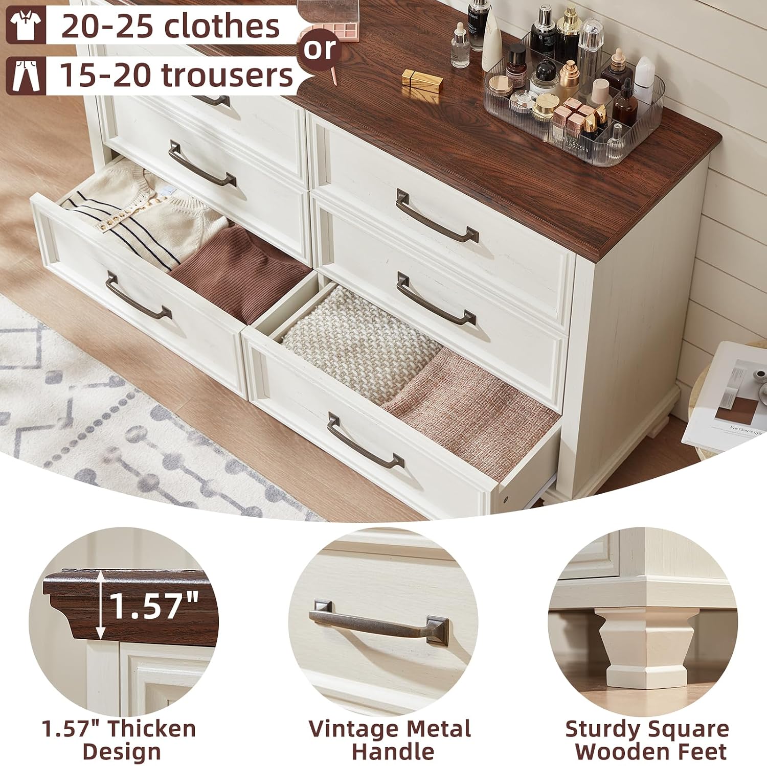 SAVOR LIFE Farmhouse Dresser and Nightstand Sets of 4 Piece, 5/6 Drawer Dresser and 2 Drawer Nightstand Set, Rustic Wood Bedroom Furniture Set for Home, Hallway,White