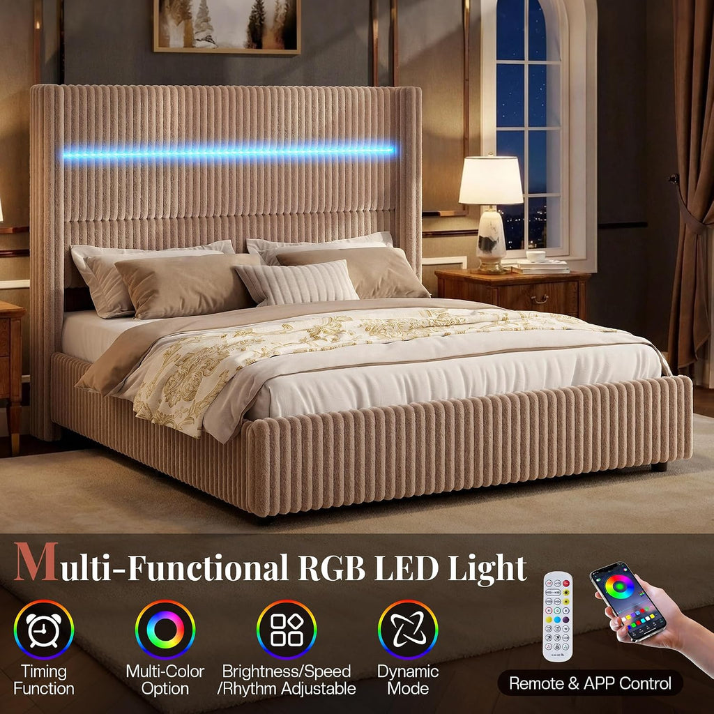Jocisland King Size Corduroy Upholstered Bed Frame with 4 Storage Drawers & 51.2' Tall Wingback Headboard, LED Platform Bed with Charging Station, Easy Assembly, No Box Spring Needed, Dark Khaki