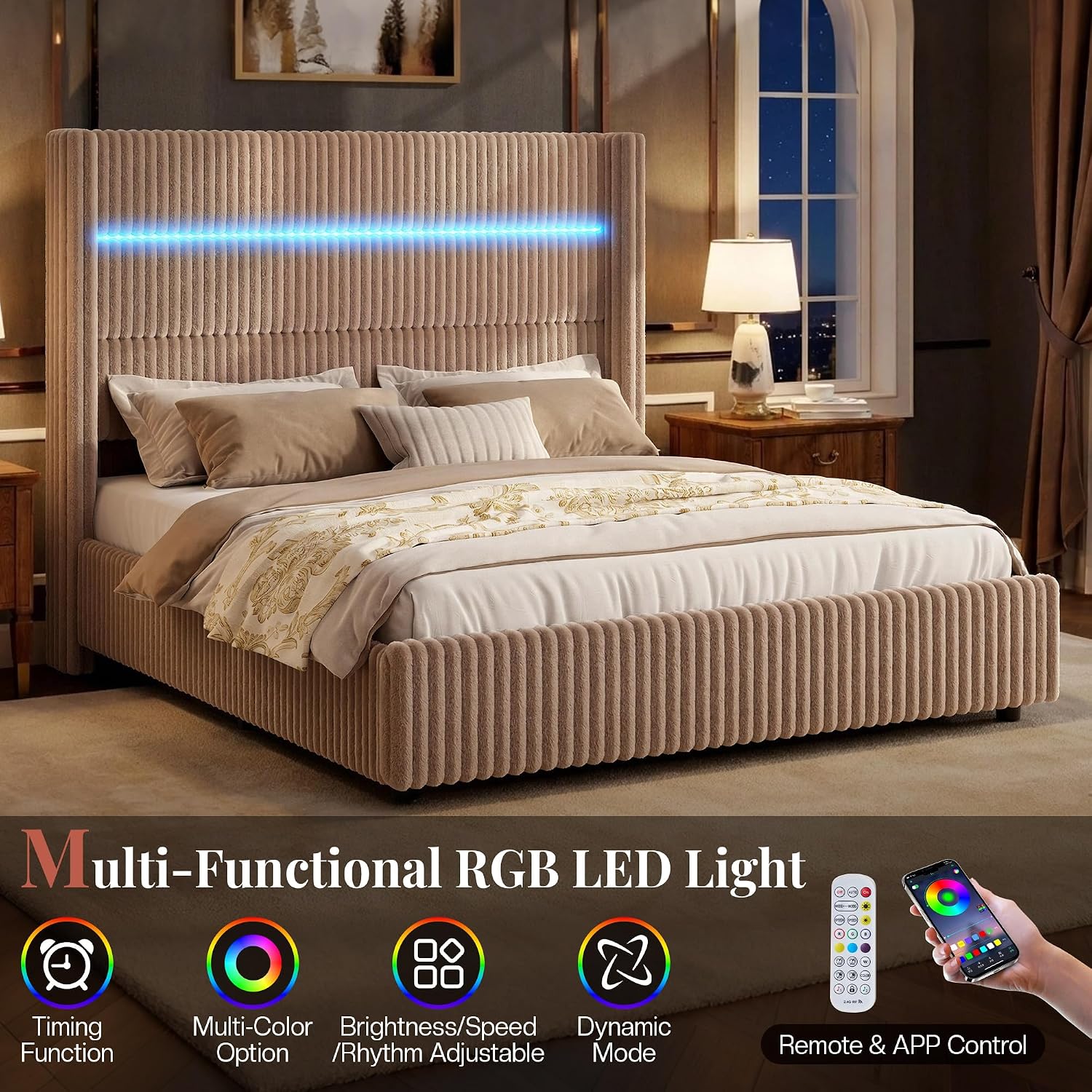 Jocisland King Size Corduroy Upholstered Bed Frame with 4 Storage Drawers & 51.2' Tall Wingback Headboard, LED Platform Bed with Charging Station, Easy Assembly, No Box Spring Needed, Dark Khaki